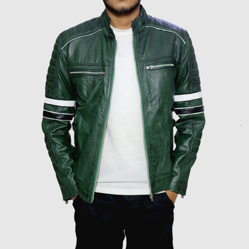 Green Lambskin Leather Cafe Racer Jacket for Men