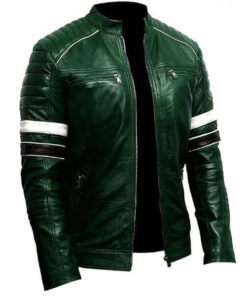 Green Lambskin Leather Cafe Racer Jacket for Men