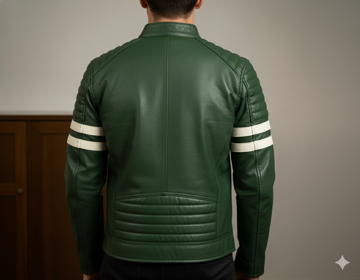 Green Lambskin Leather Cafe Racer Jacket for Men
