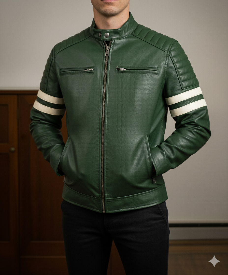 Green Lambskin Leather Cafe Racer Jacket for Men