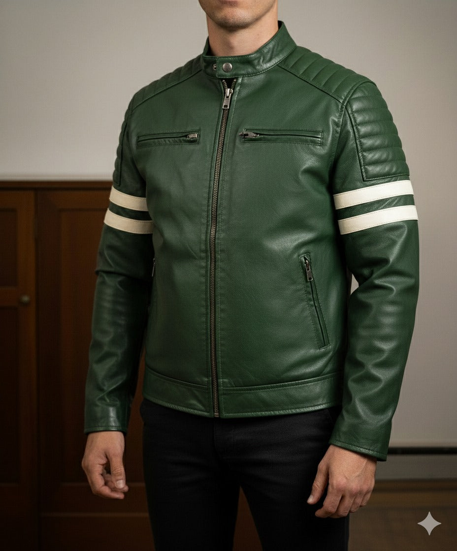 Green Lambskin Leather Cafe Racer Jacket for Men